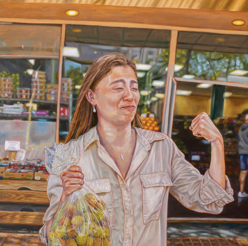 A detailed painting by Jackie Liu titled Lychee Haul shows a woman proudly flexing her arm while holding a bag full of lychees outside a grocery store. Her expression is playful and confident, celebrating a simple but joyful moment in everyday life.